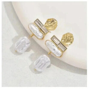 Gold Tone Earrings - Faux Pearl & Rhinestone Accents - Stud Style with Drop